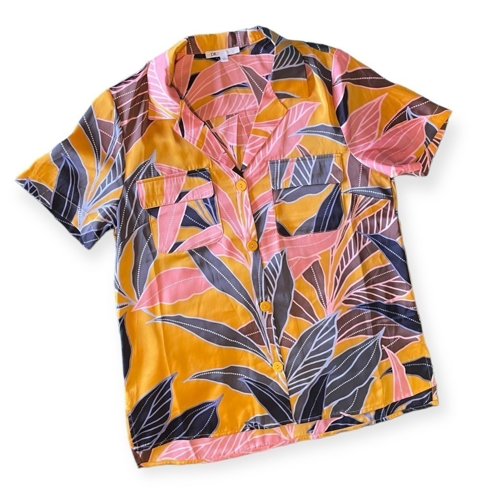 DR2 Floral‎ Spring Short Sleeve Button Down Shirt Womens Medium